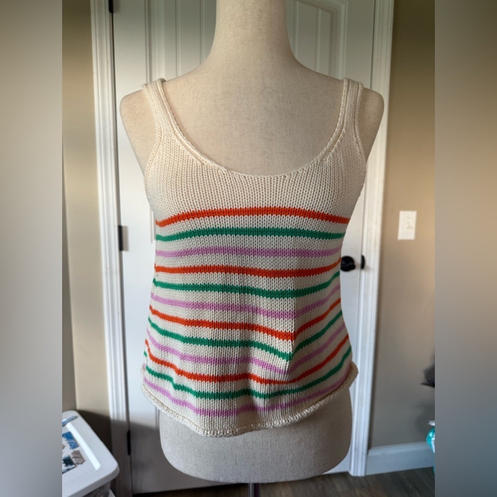 ZARA Striped Knit Tank Top Cream Orange Green Pink Scoop Neck Sleeveless